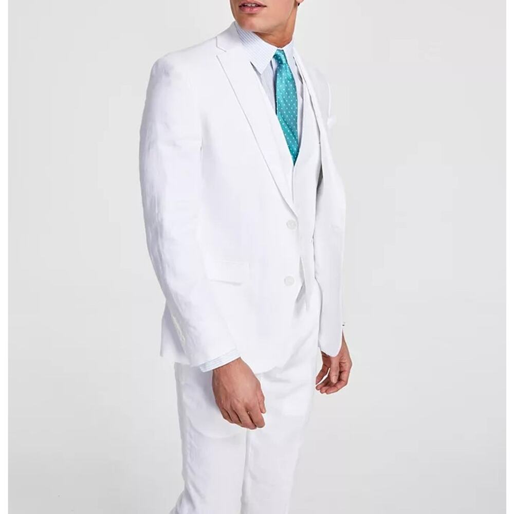 Bar III Men's White Textured Linen Summer Casual Slim-Fit Suit Jacket Size 38S